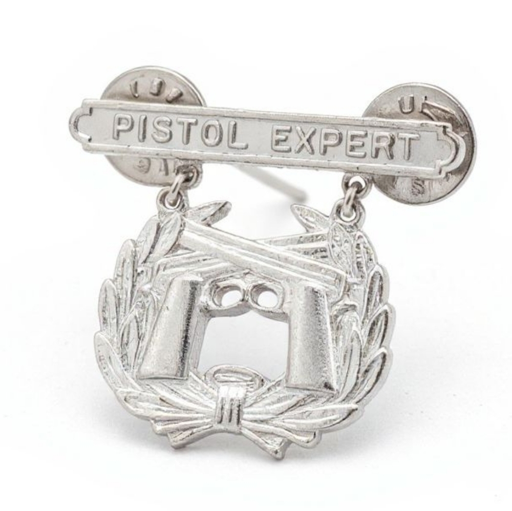 EUC Vintage Stamped Sterling Silver Original Vietnam War USMC Pistol Expert Pin!